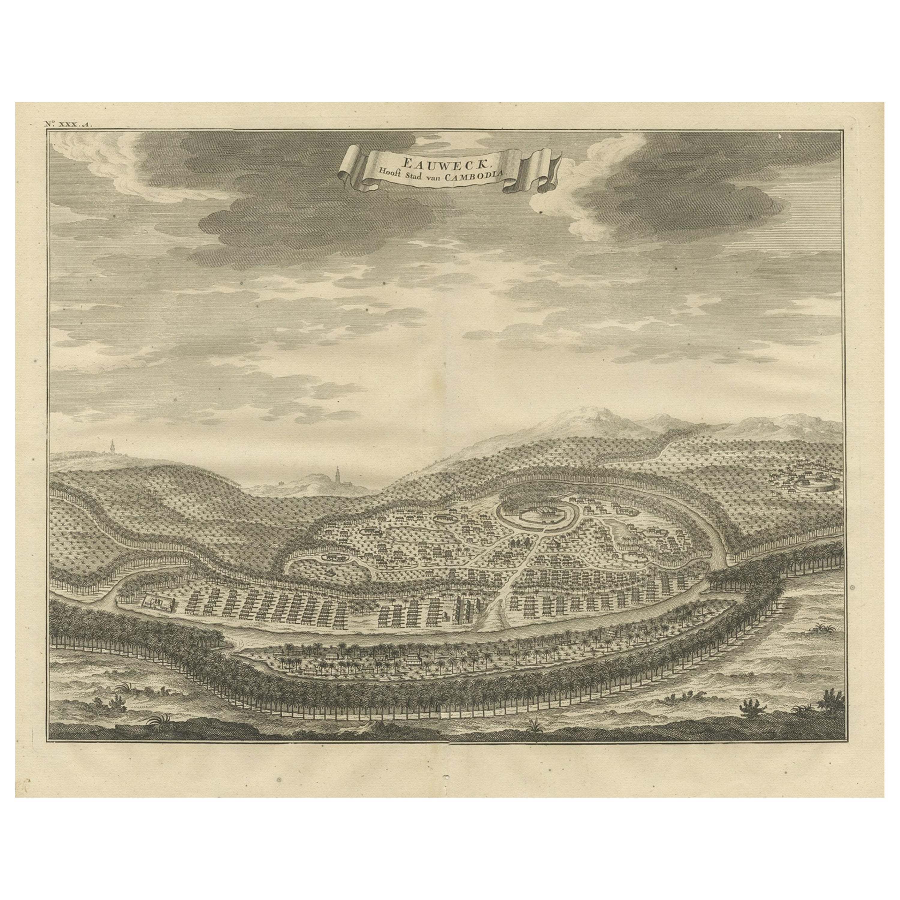 Panoramic Engraved View of the Town of Longvek 'or Lavek' in Cambodia, ca.1726 For Sale