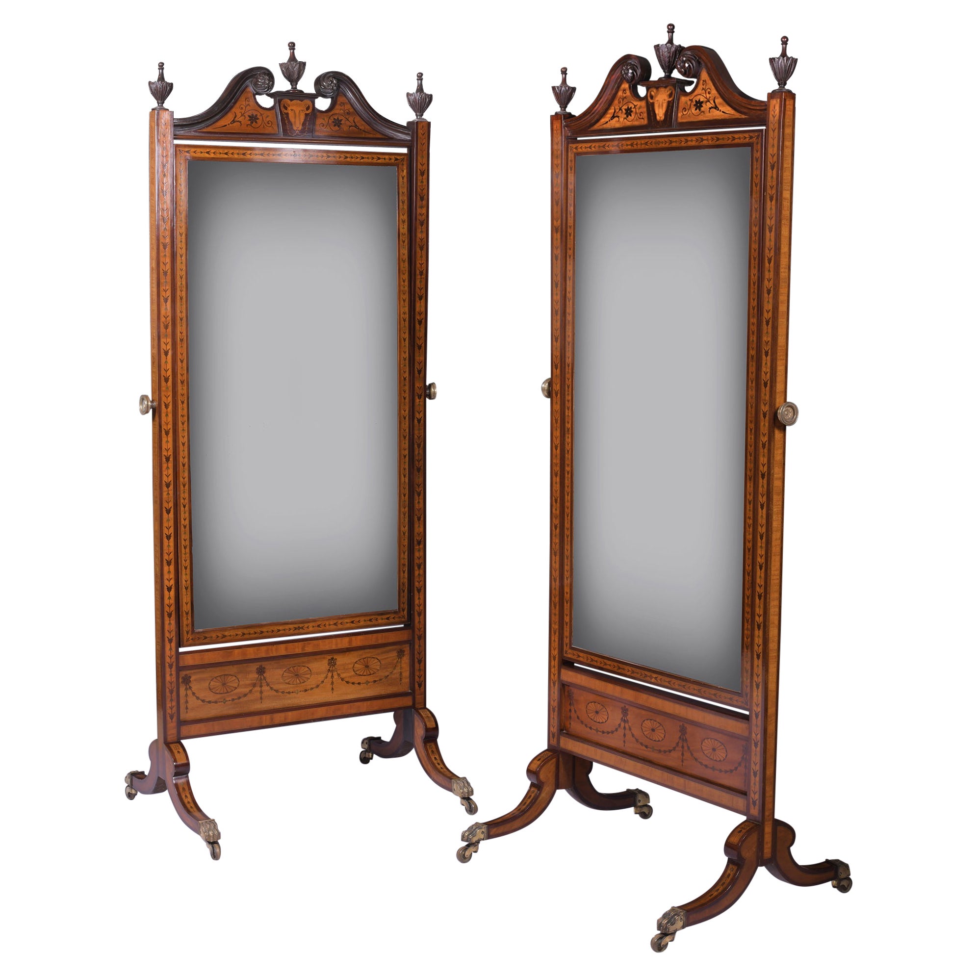 Pair of English Late 19th Century Cheval Mirrors in the Sheraton Style For Sale