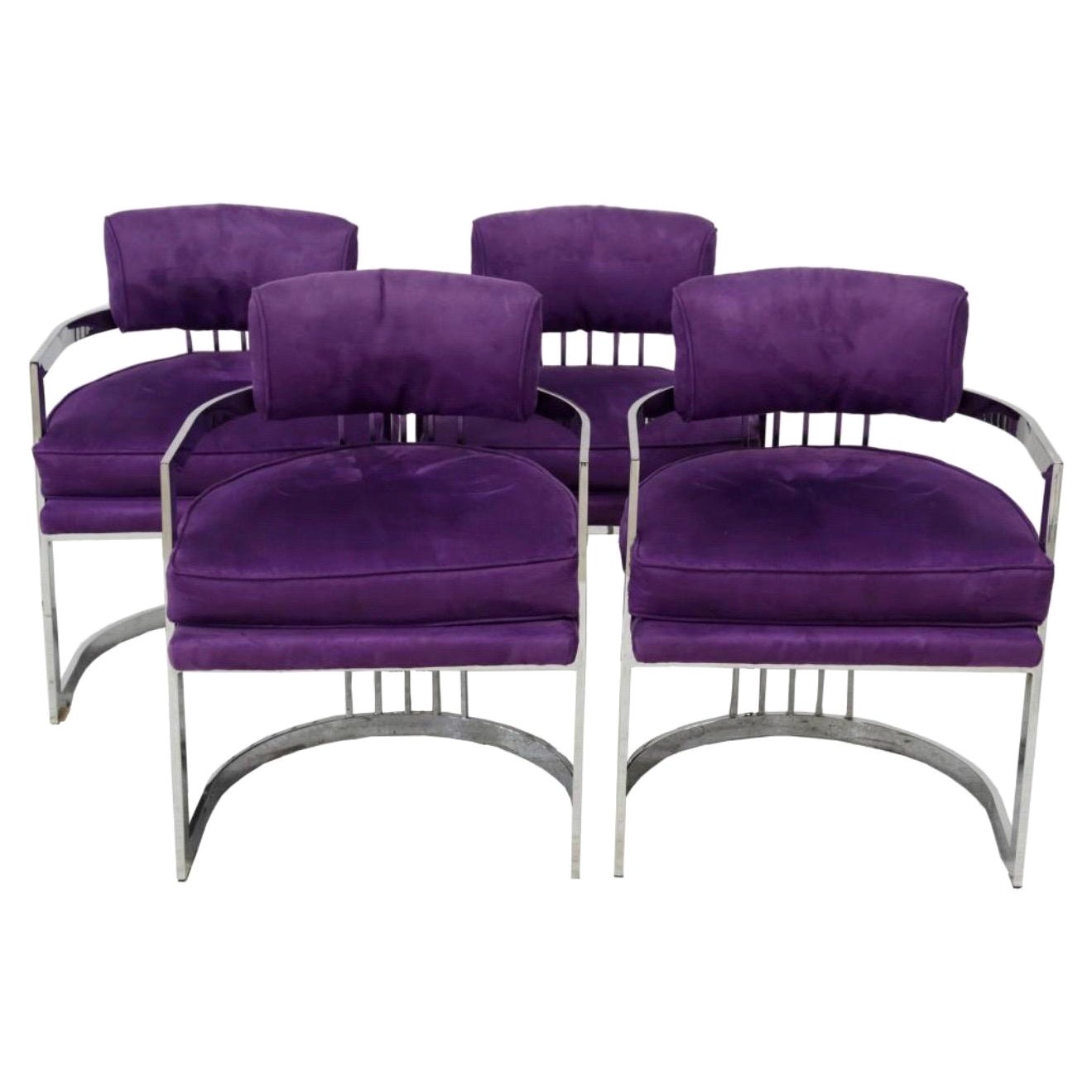 4 Milo Baughman Chrome Chairs in Purple Upholstery 