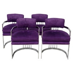 4 Milo Baughman Chrome Chairs in Purple Upholstery