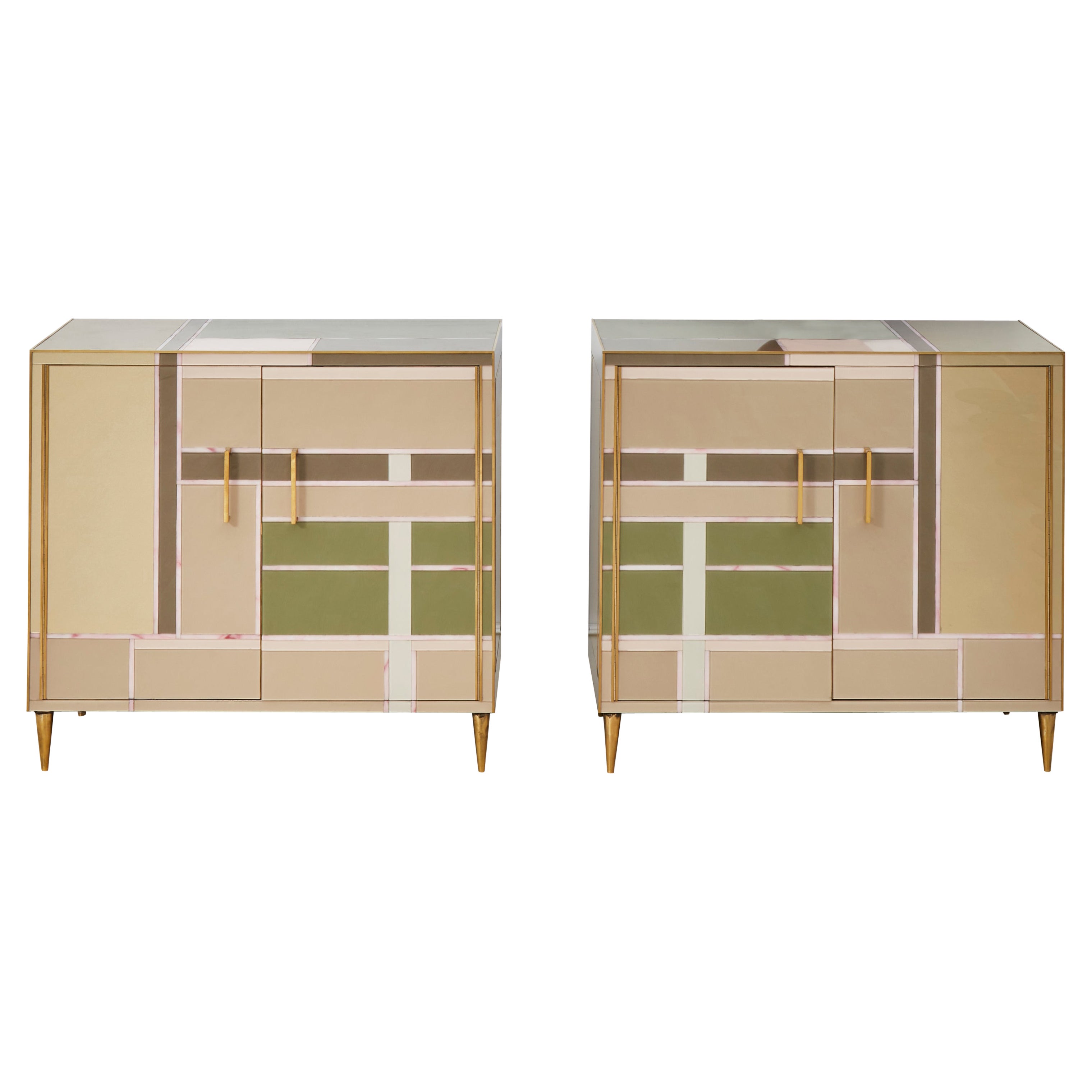 Pair of "Mondrian Tribute" in Tainted Glass by Studio Glustin