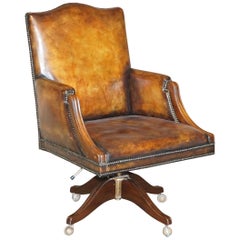 Fully Restored Whisky Brown Leather Oak Framed Captains Directors Armchair