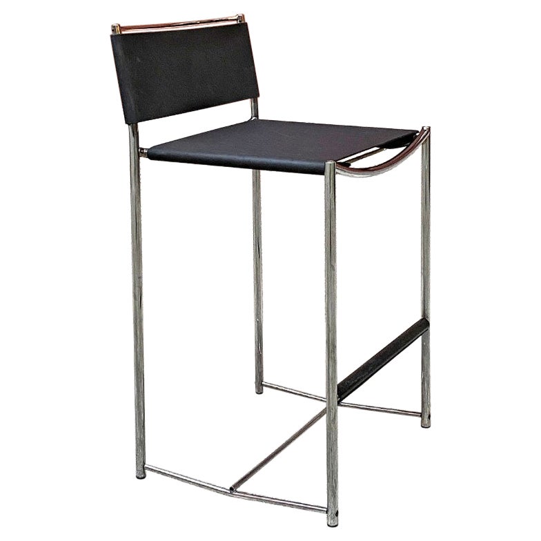 Italian Modern Steel and Black Leather Counter Height Stool, 1980s For