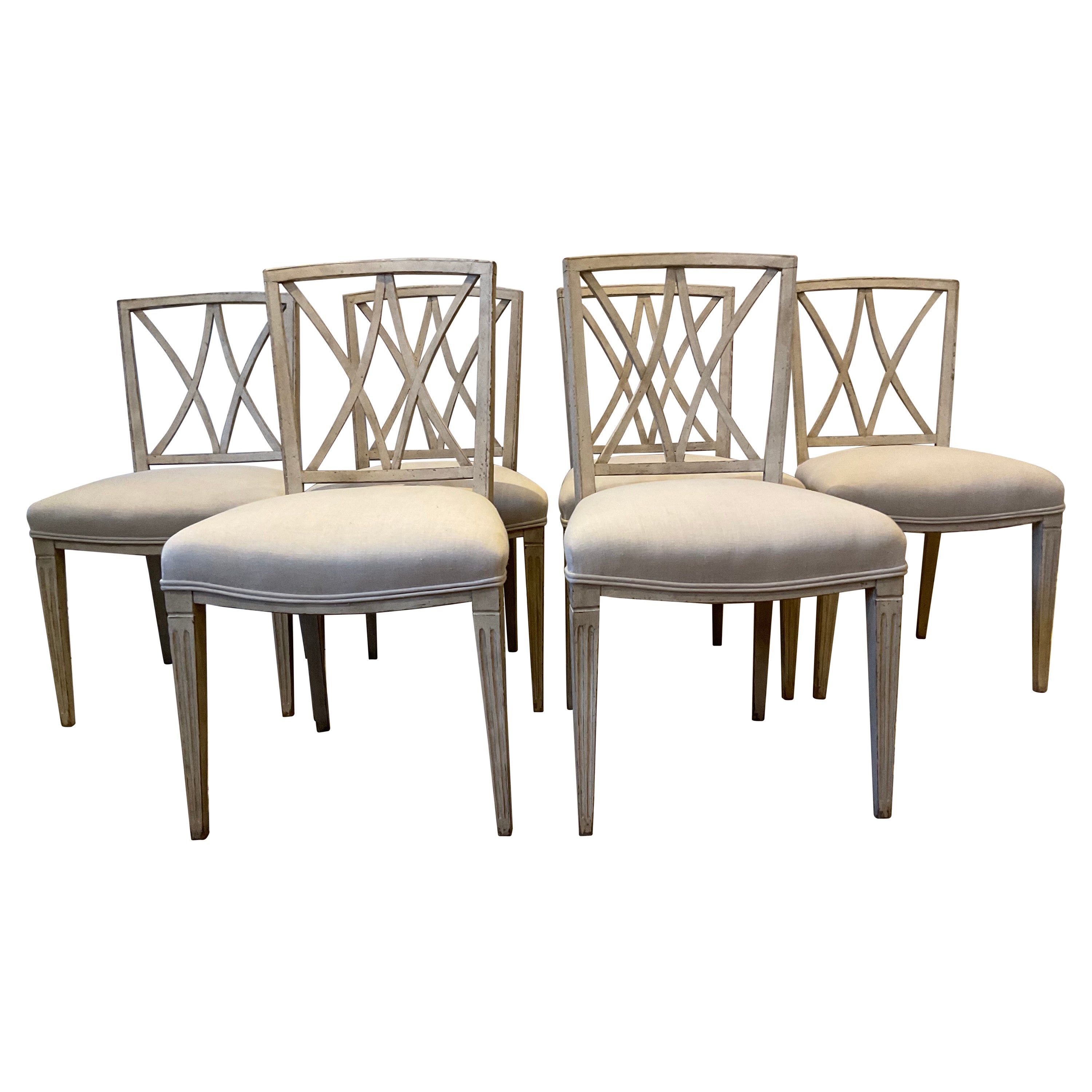 Set of 6, 1940s Stylish Italian Painted Lattice Backed Dining Chairs
