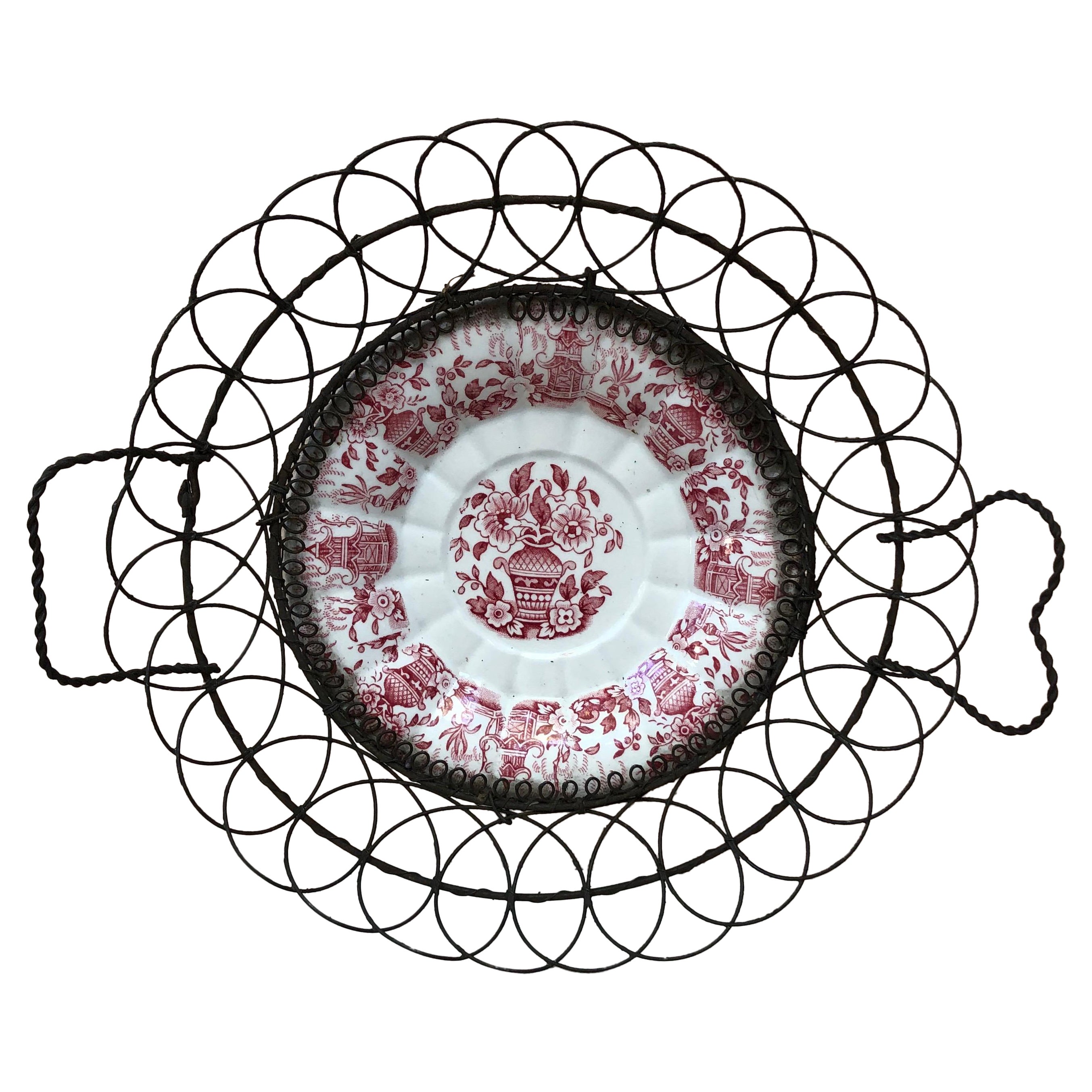 French Majolica Wire Basket Gien, circa 1890