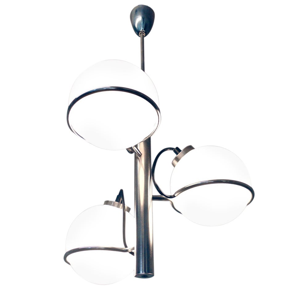 Modern Chandelier Opaline Glass Globes and Chrome in the Manner of Gino Sarfatti