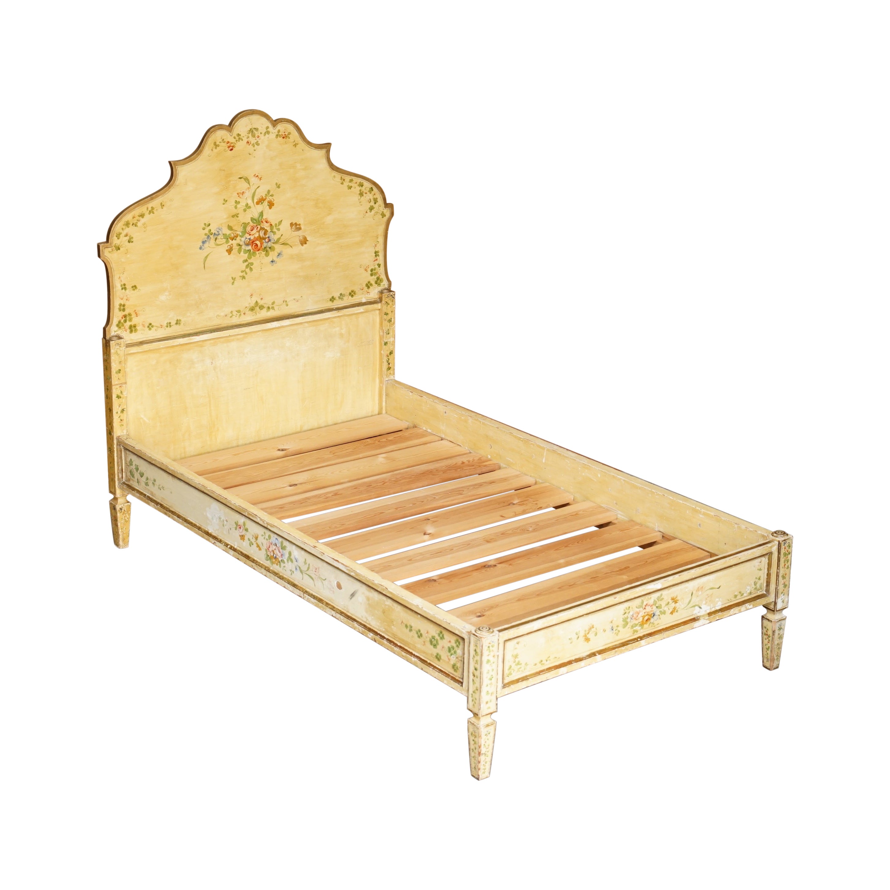 Antique French Hand Painted Ornately Decorated Bed Frame in Oak Pine Slats For Sale