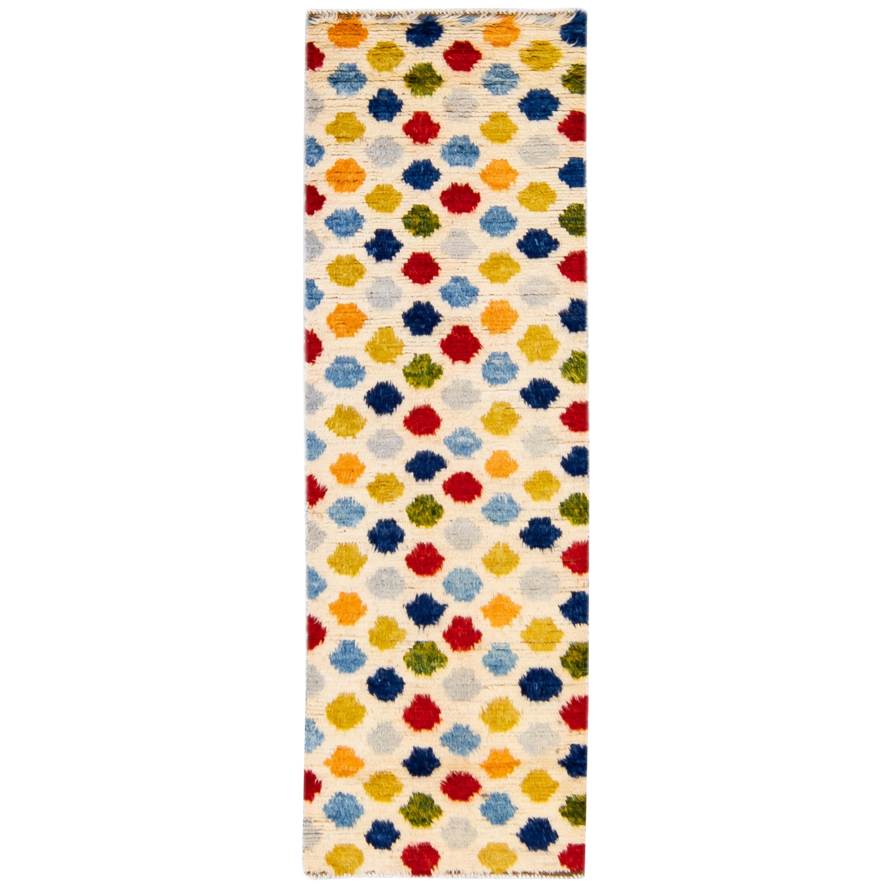 Ivory Modern Moroccan Style Handmade Multicolor Dots Designed Wool Runner For Sale