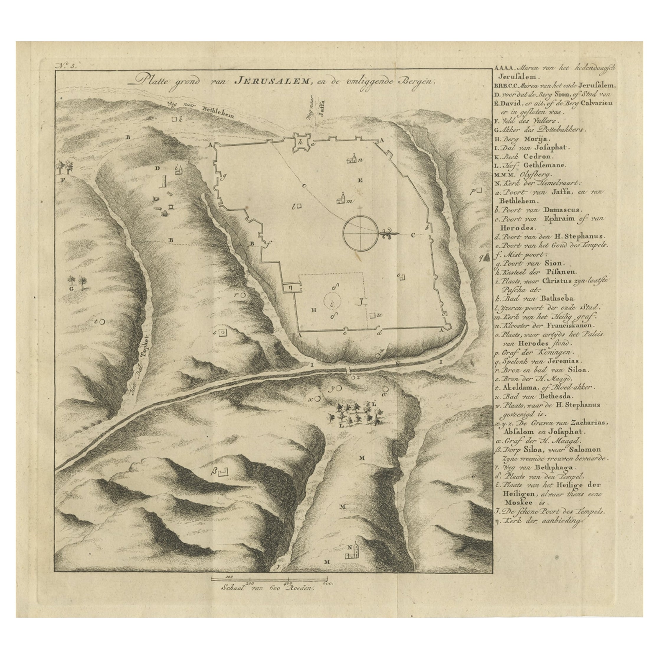 Antique Engraving of a Map or Plan of Jerusalem and Surrounding Mountains, 1773 For Sale