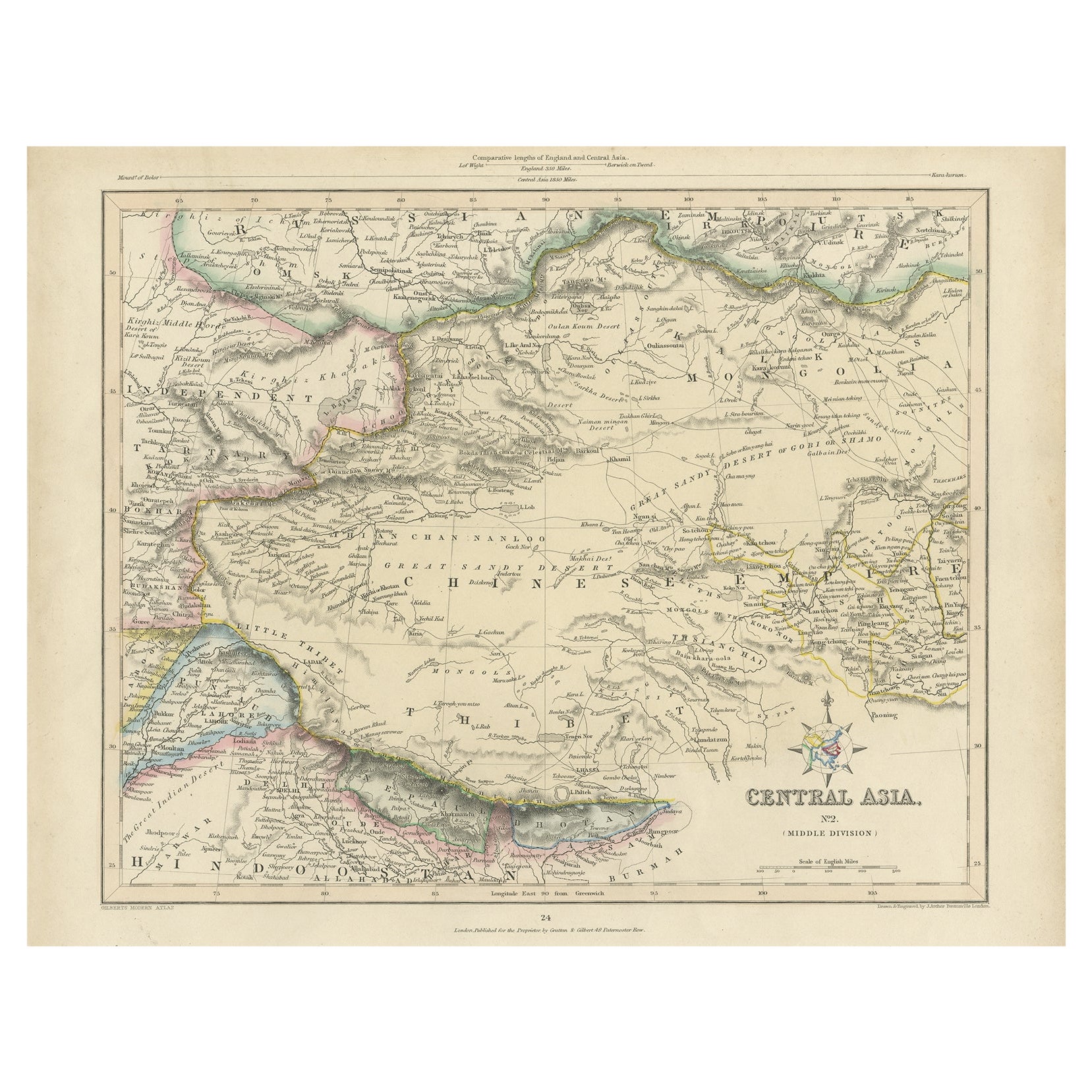 Antike antike Karte Zentralasiens, fein graviert, 1841