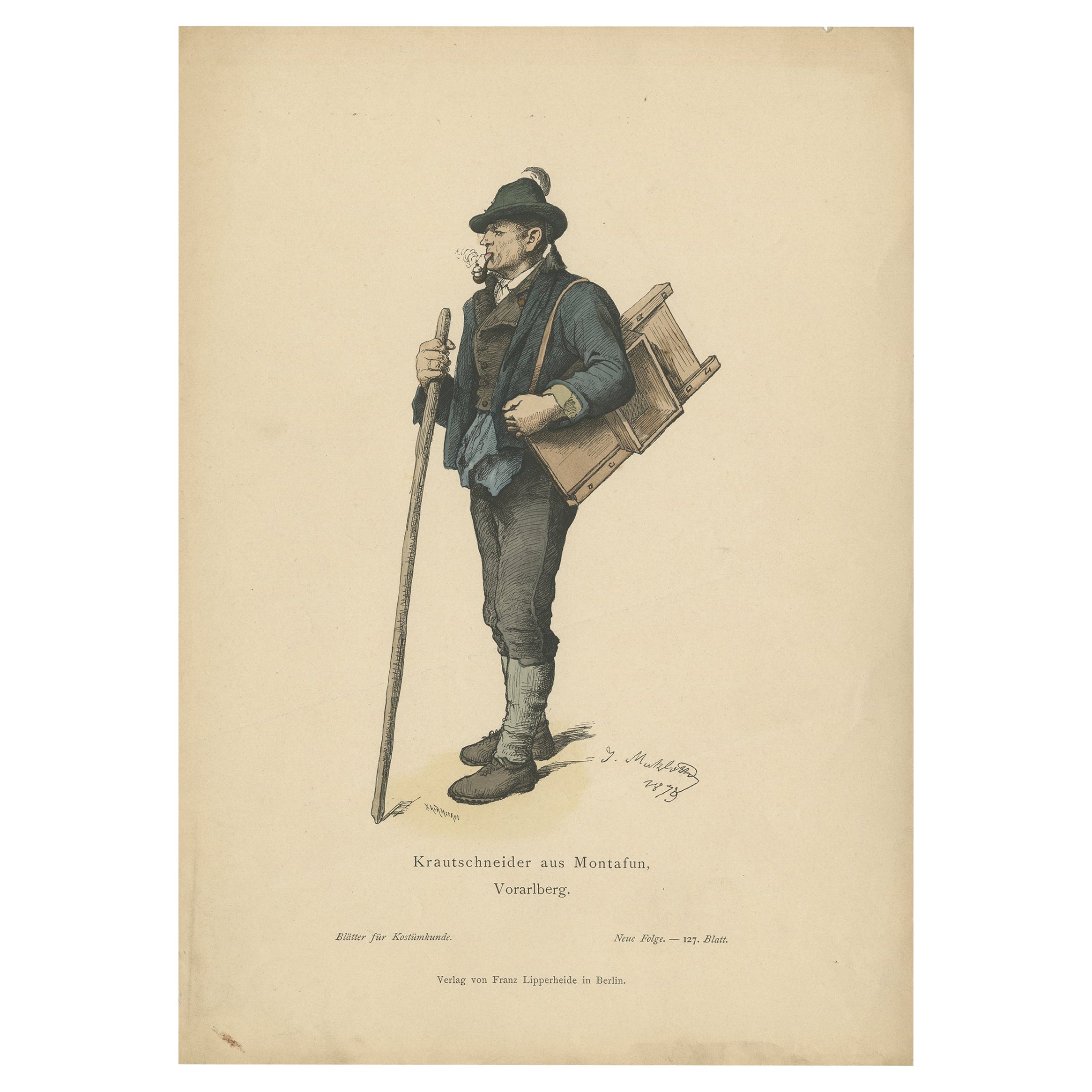 Antique Costume Print of a Cabbage Cutter From Montafon in Austria, C.1880 For Sale