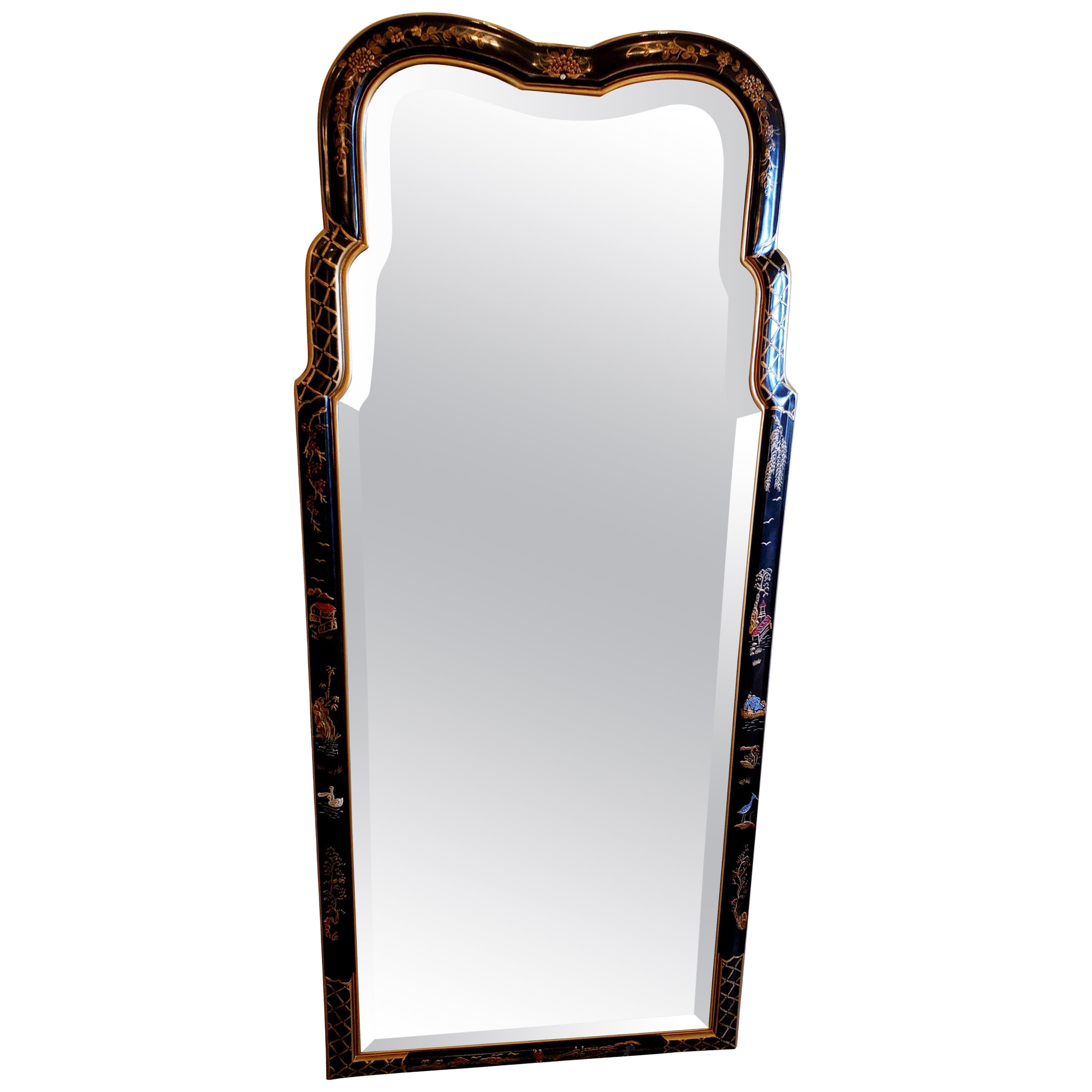 Handsome Vertical Black Gold & Red Chinoiserie Mirror