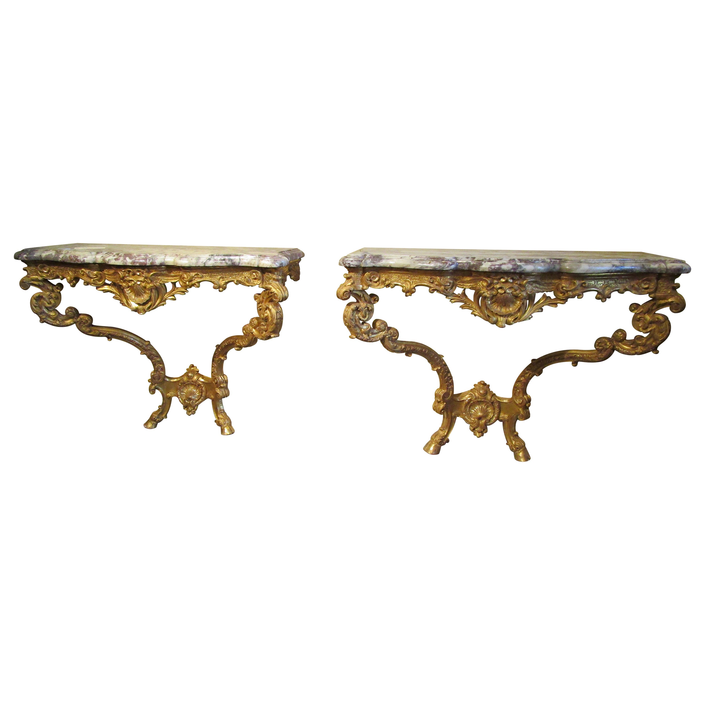 Impressive Pair of Early 19th Century French Louis XV Gilt Consoles