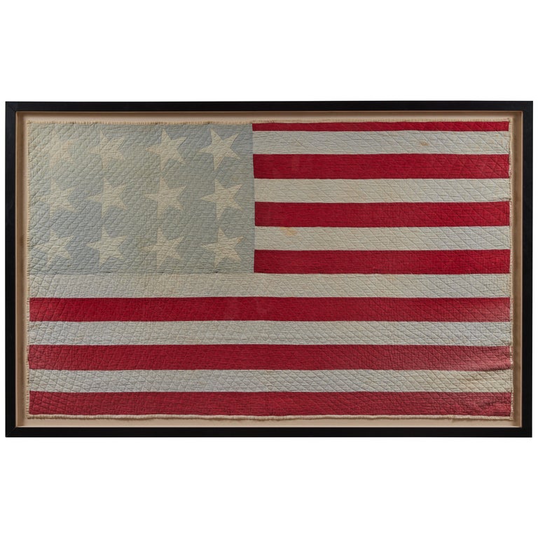Large Framed American Flag Folk Art Quilt For Sale