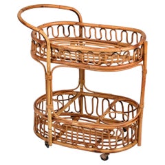 Midcentury Italian Bamboo and Rattan Oval Serving Side Bar Cart, 1960s