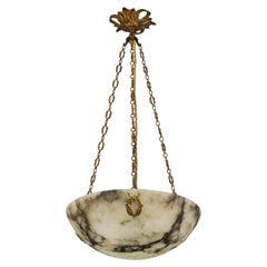 White, Beige and Black Alabaster and Bronze Pendant Light Fixture, 1920s
