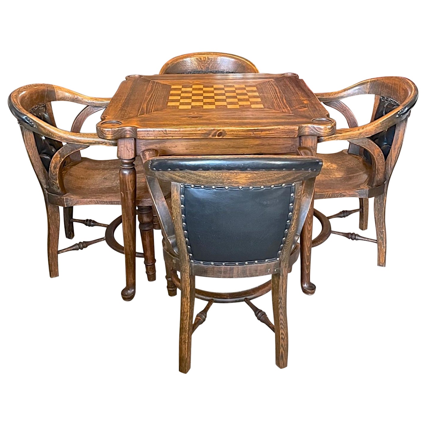 American 1950s Games Table with 4 Matching Armchairs with Leather Backs