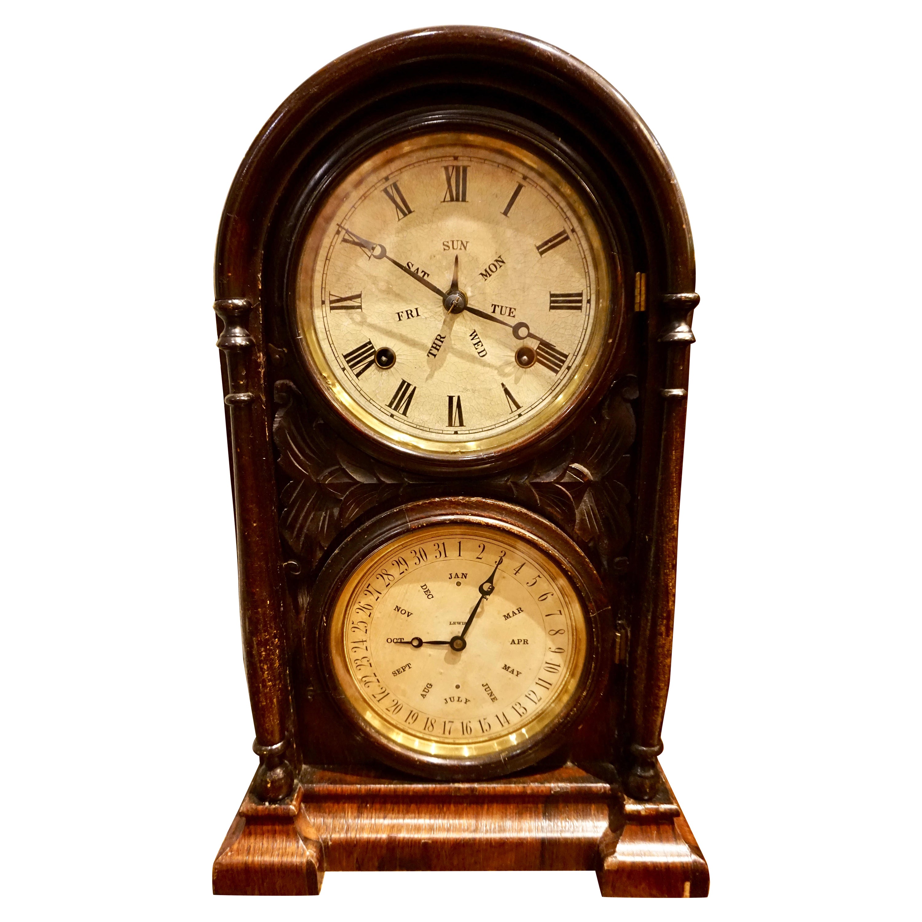 19th Century Carved Mahogany 8 Day Calendar Perpetual Mantel Clock Connecticut