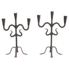 Pair of 18th-19th Century Hand-Forged Iron Candleholders