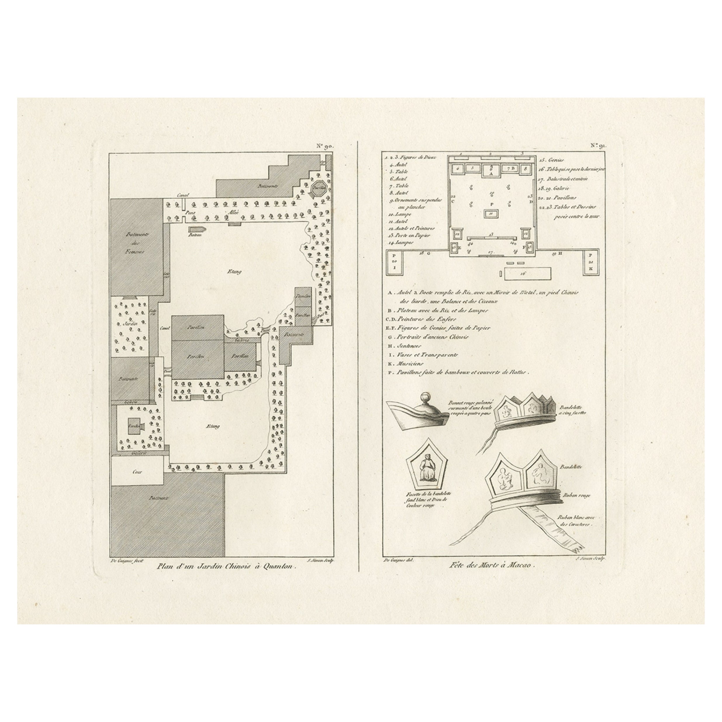 Engraving of a Chinese Garden in Canton and the Festival of Death in Macao, 1808 For Sale