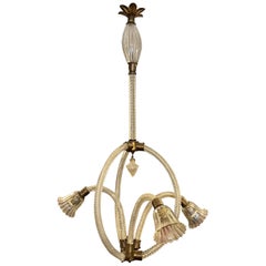 Vintage 1950s Mid-Century Modern Murano Glass and Brass Chandelier by Barovier