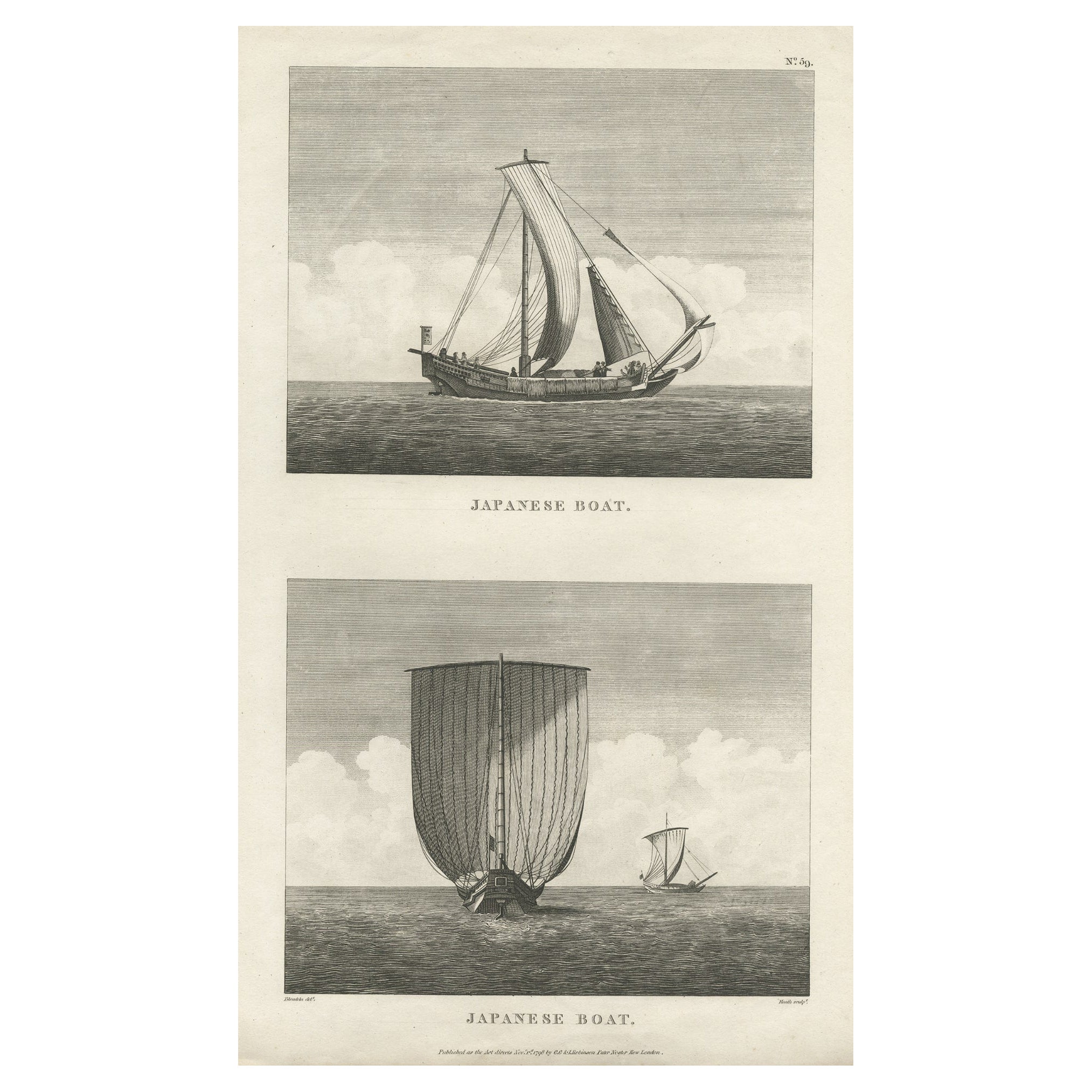 Antique Print of Two Japanese Vessels, 1799 For Sale