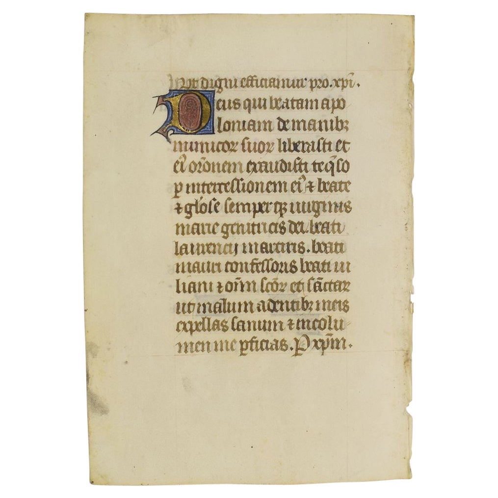 Petite page de livre en vélin enluminée du 15e siècle, écriture à la main