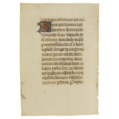 Vintage Small 15th Century Illuminated Vellum Book Page, Handwriting