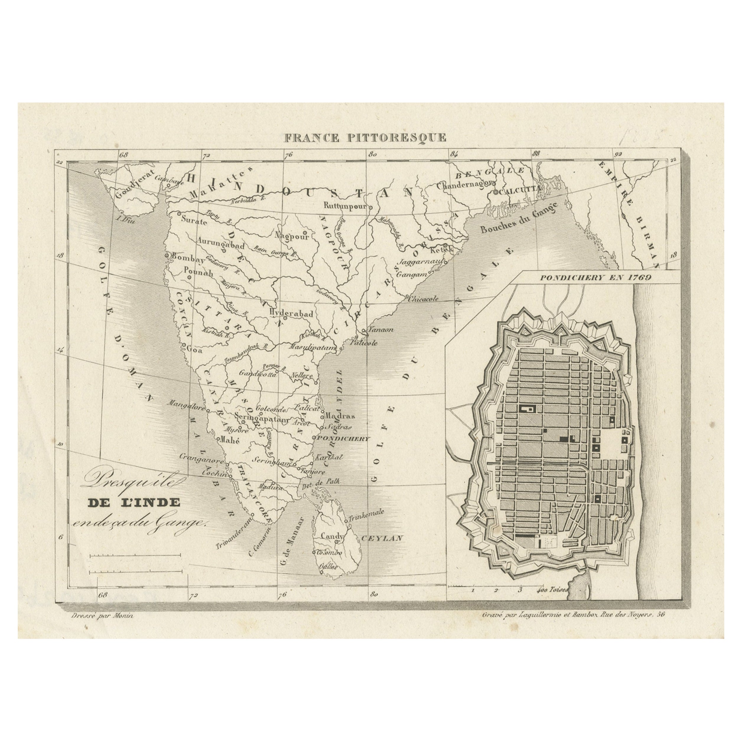 French Antique Map of India with an Inset of Pondicherry, 1835 For Sale