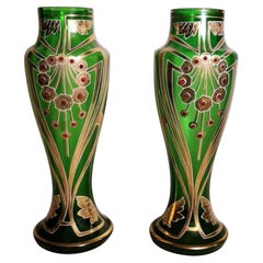 Antique Art Noveau Legras & Cie Pair  French Vases Blown and Decorated with Gold EnameL