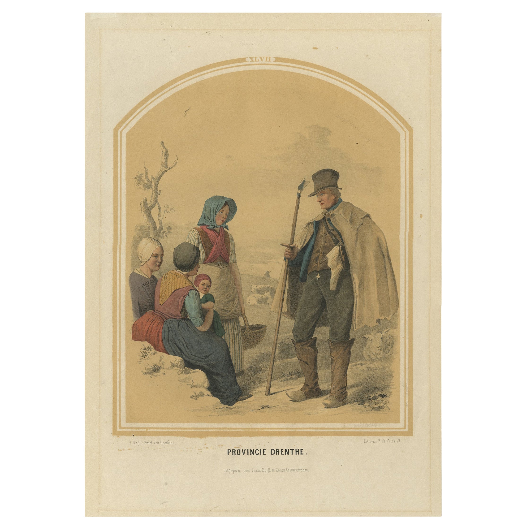 Ancienne estampe de costume de la province de Drenthe, Hollande, 1857