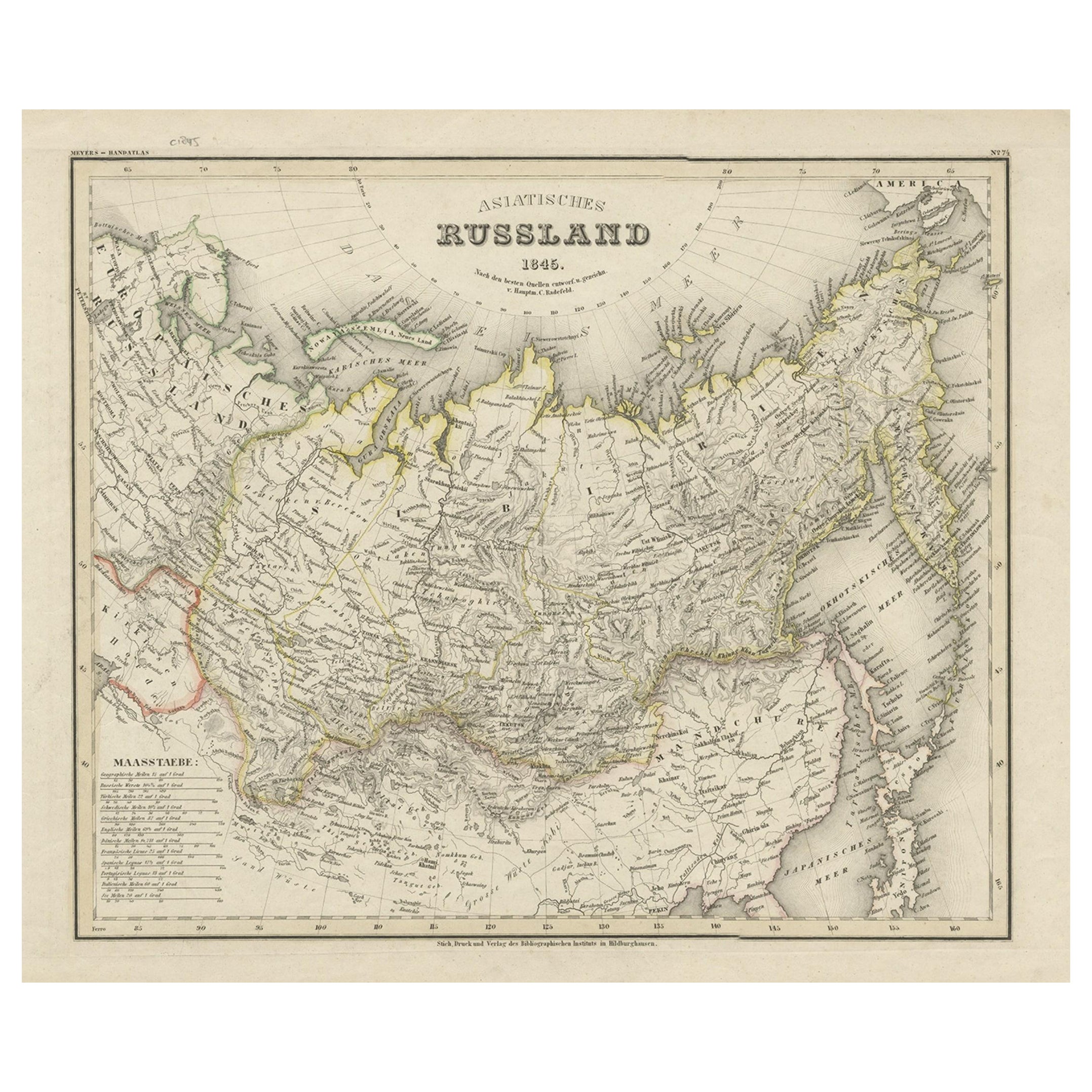 Antique Map of Russia in Asia from An Old German Atlas, 1845 For Sale