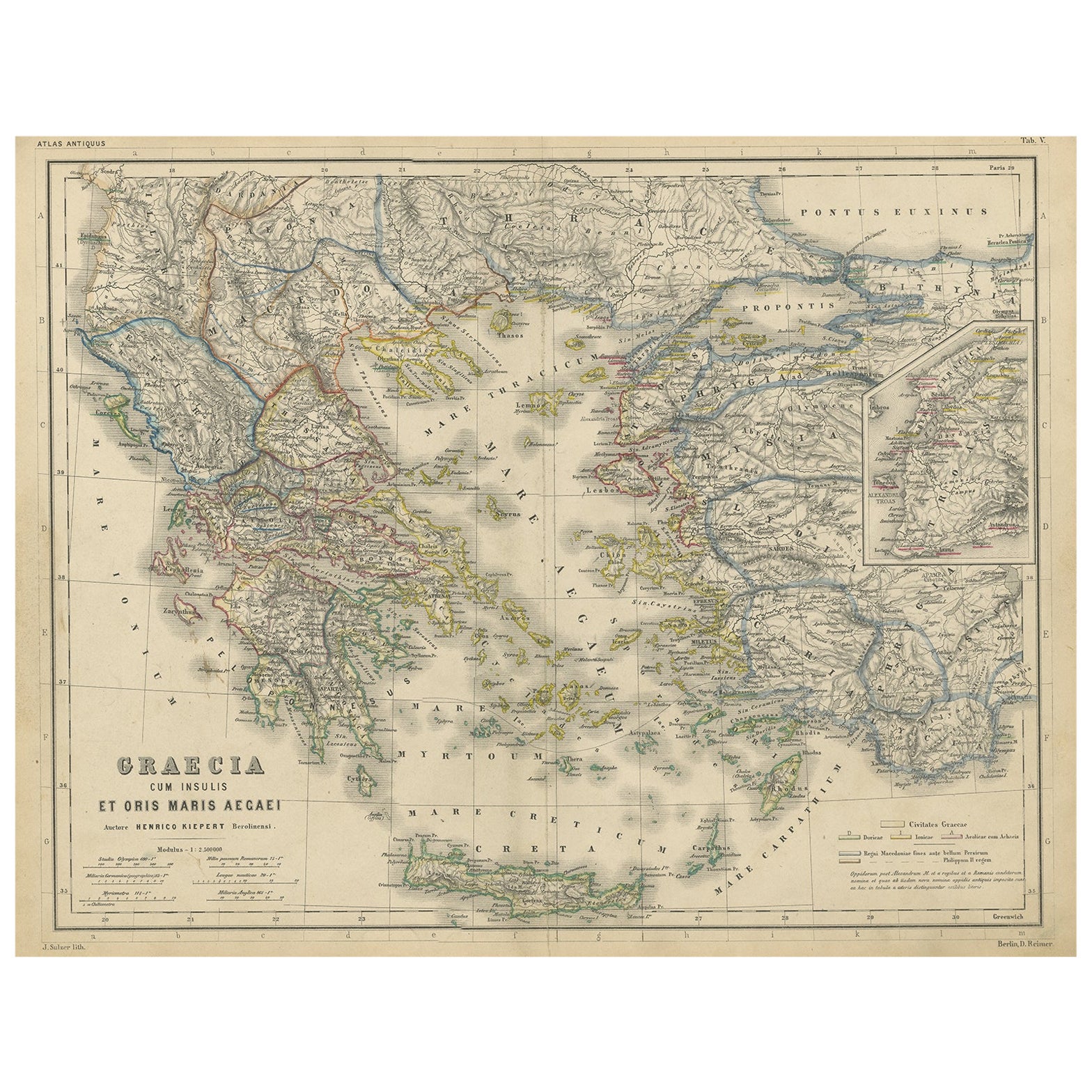 Antique Map of Greece and Surrounding Islands with an Inset Map of Troas, c.1870