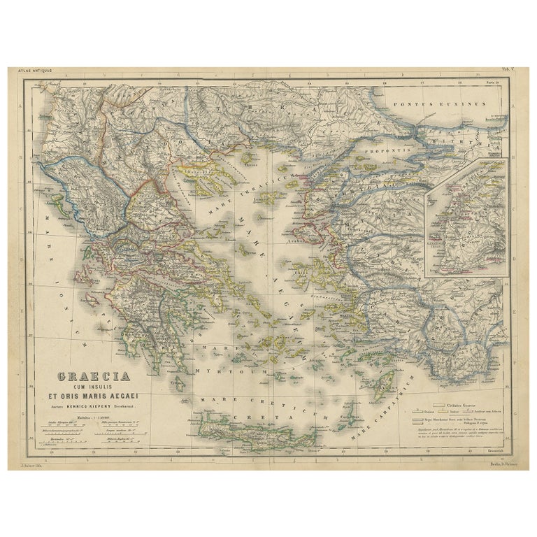 Antique Map of Greece and Surrounding Islands with an Inset Map of Troas, c.1870 For Sale