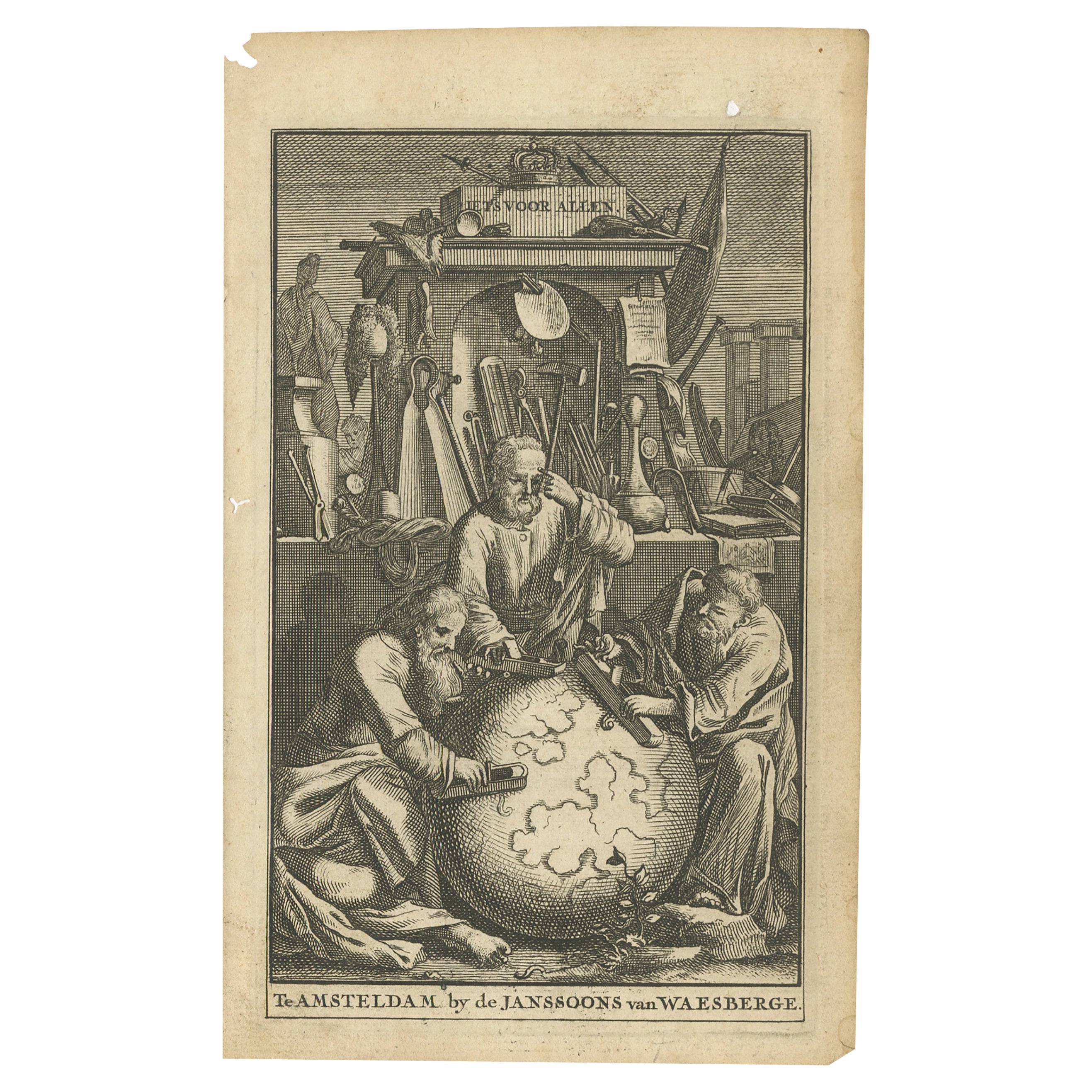 Antikes Frontispiece eines alten niederländischen Buches mit der Darstellung von Globusmachern, 1717