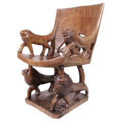 Exquise sculpture africaine du trône du lion 1 pièce en bois massif sculpté à la main