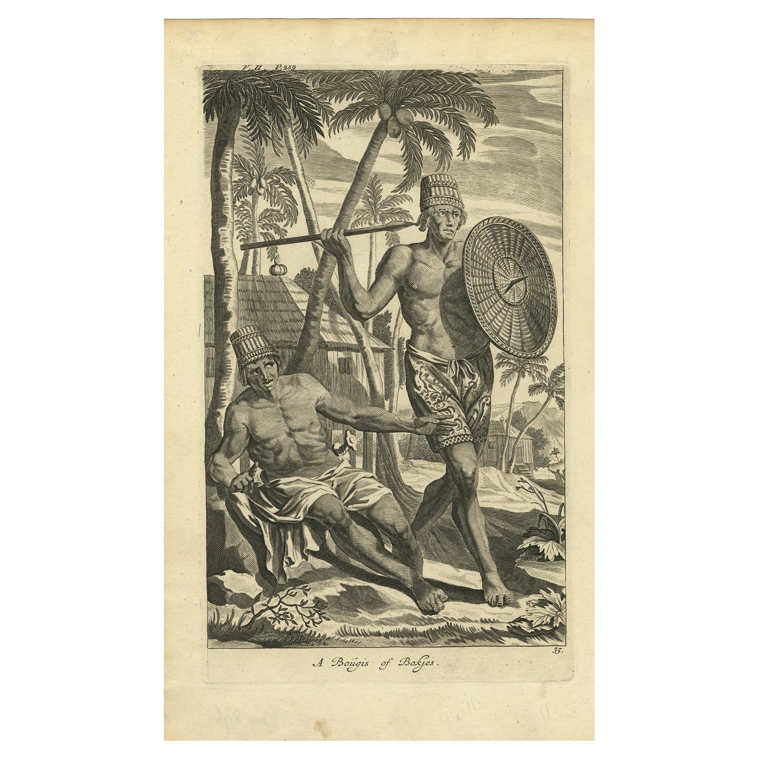 Gravure du peuple Buginese près d' Batavia, Indes orientales, Indonésie, 1744 en vente