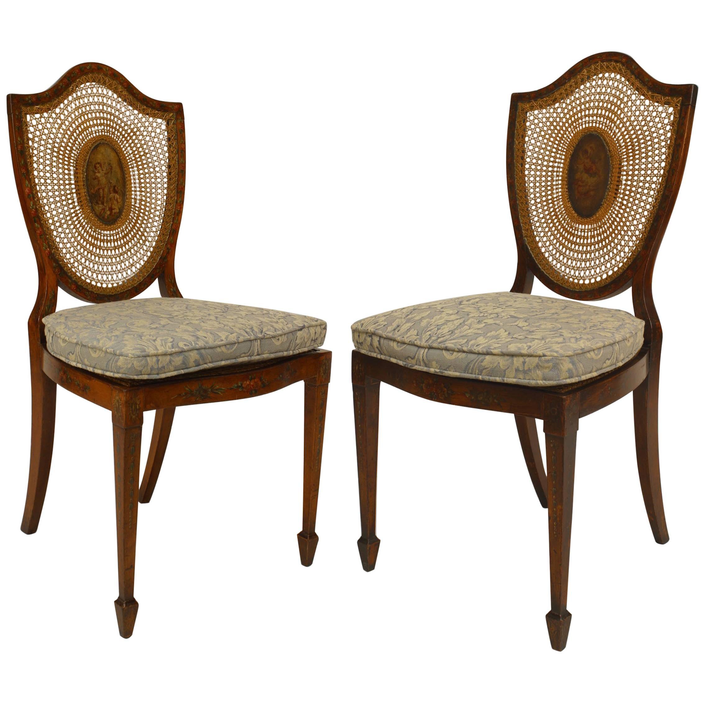 Pair of English Sheraton Shield back Side Chairs For Sale