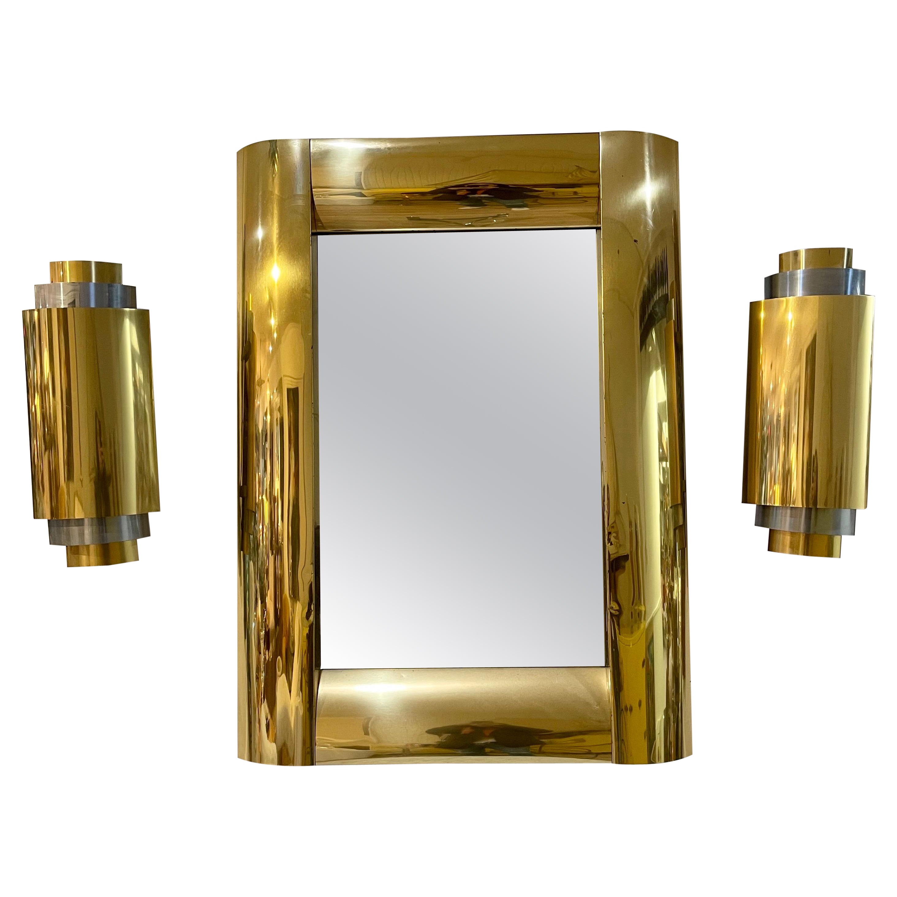 Rare Curtis Jere Brass and Chrome Wall Mirror and Sconces Combo For Sale