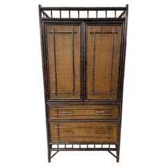 Vintage Bamboo and Rattan Chinoiserie Armoire Highboy Cabinet