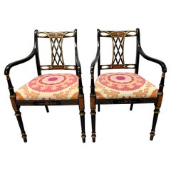 Retro French Black Lacquered Arm Chairs with Hand Painted Gilt Details
