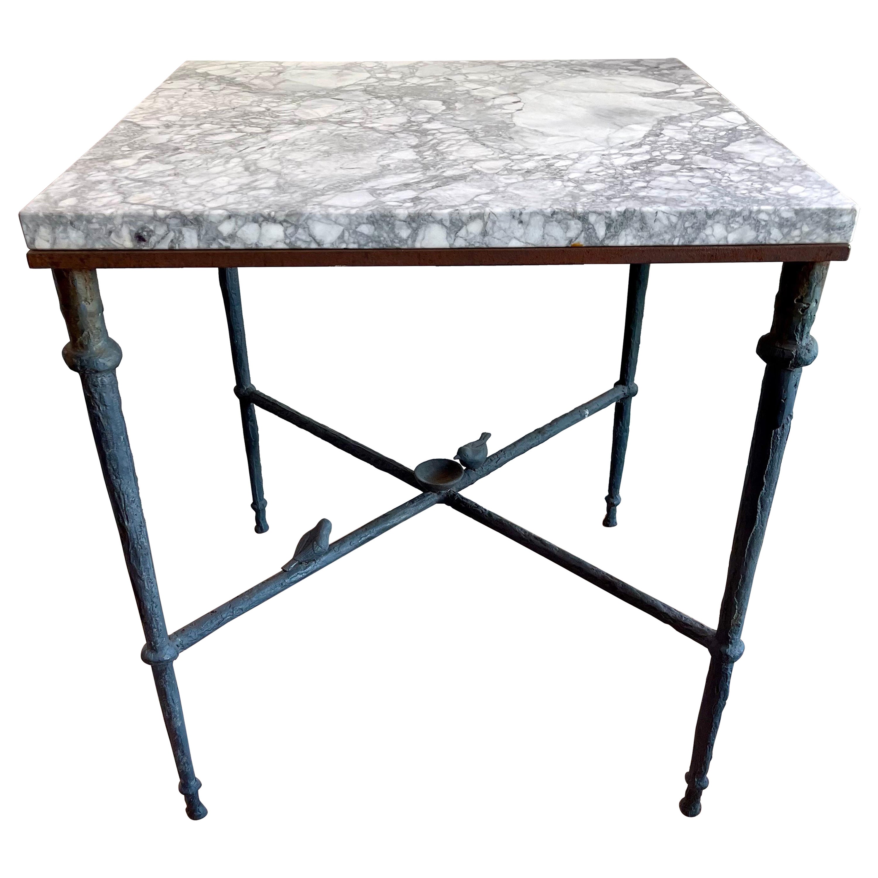 Diego Giacometti Style Marble Top Bronze Table with Two Birds