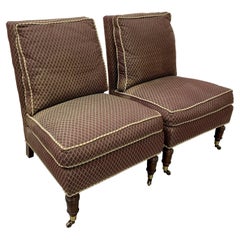 Pair of Brown Upholstered Slipper Chairs on Castors