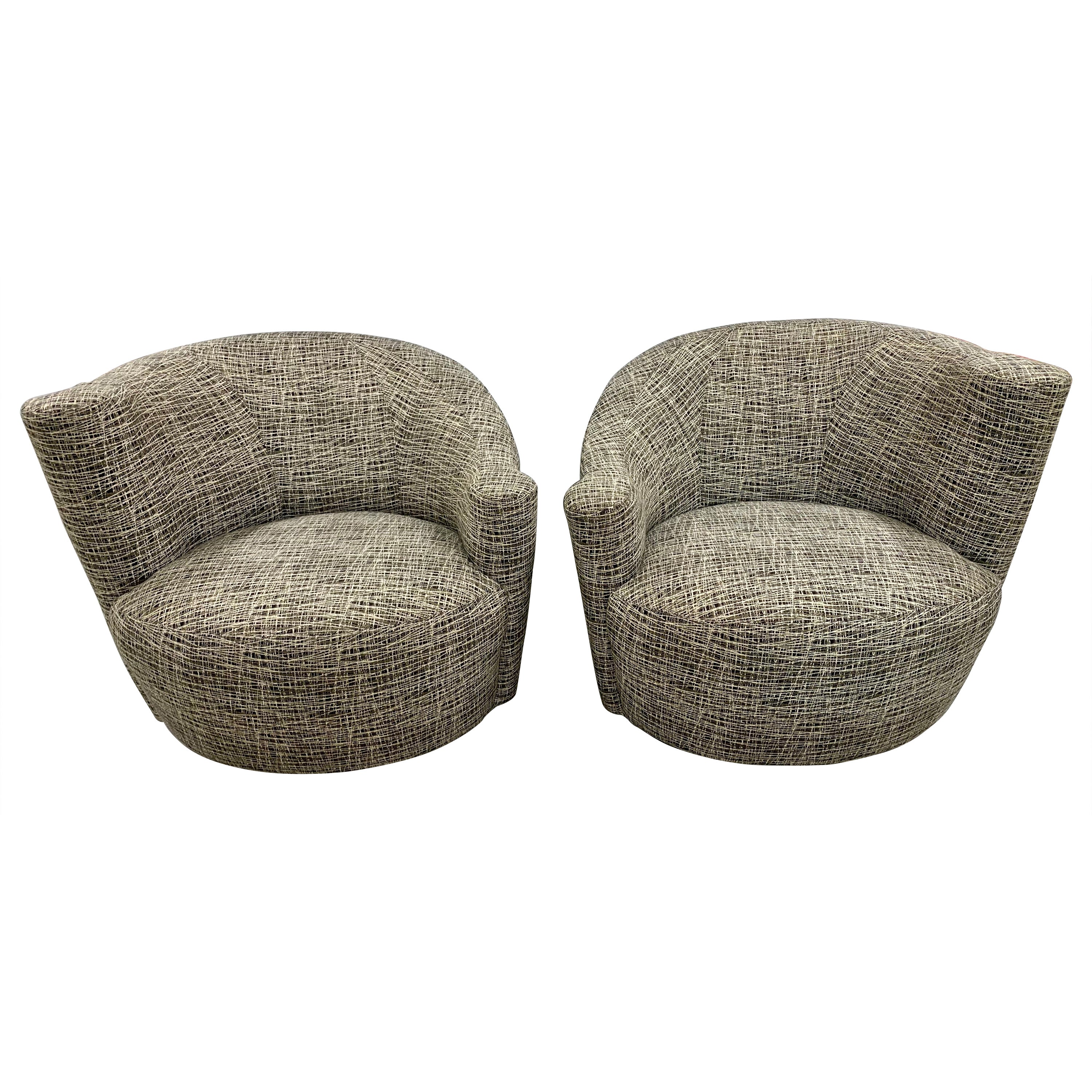 Pair Mid-Century Modern Nautilus Swivel Chairs with New Abstract Upholstery