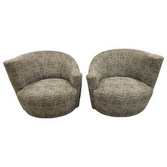 Vintage Pair Mid-Century Modern Nautilus Swivel Chairs with New Abstract Upholstery