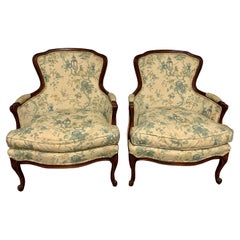 Antique French Carved Bergeres Arm Chairs with Chinoiserie Upholstery