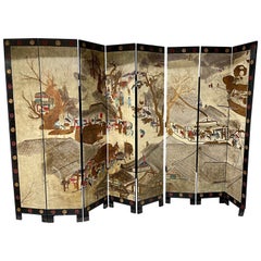 Signierter asiatischer Coromandel-Raumteiler mit acht Tafeln und ausziehbarem Raumteiler