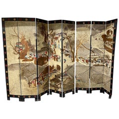 Retro Signed Asian Coromandel Eight Panel Screen Expandable Room Divider