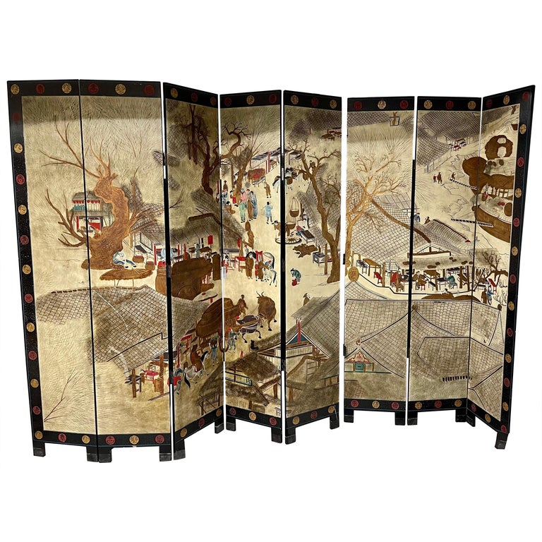 Signed Asian Coromandel Eight Panel Screen Expandable Room Divider For Sale