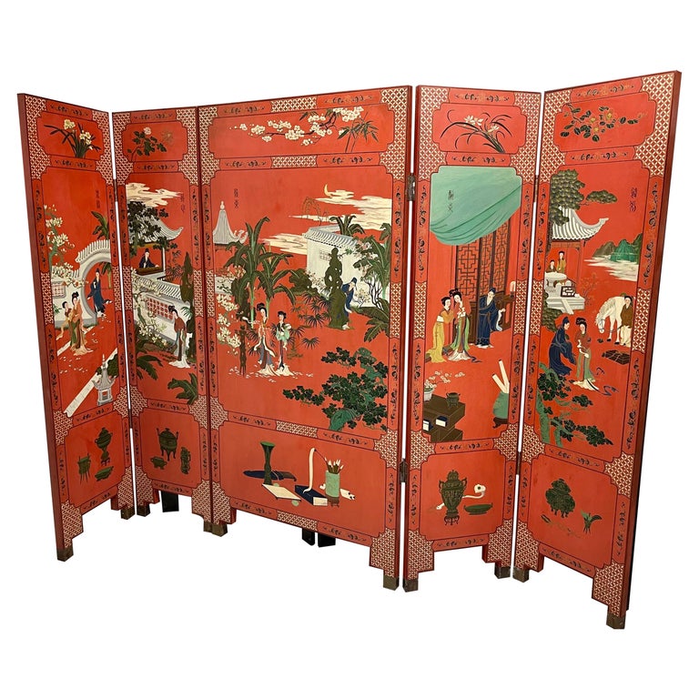 Signed Asian Chinoiserie Coromandel Red Five Panel Screen Room Divider